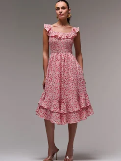 Jolie Moi Floral Dresses|Midi Dresses-Ruffle Shirred Woven Midi Dress, Red Floral
