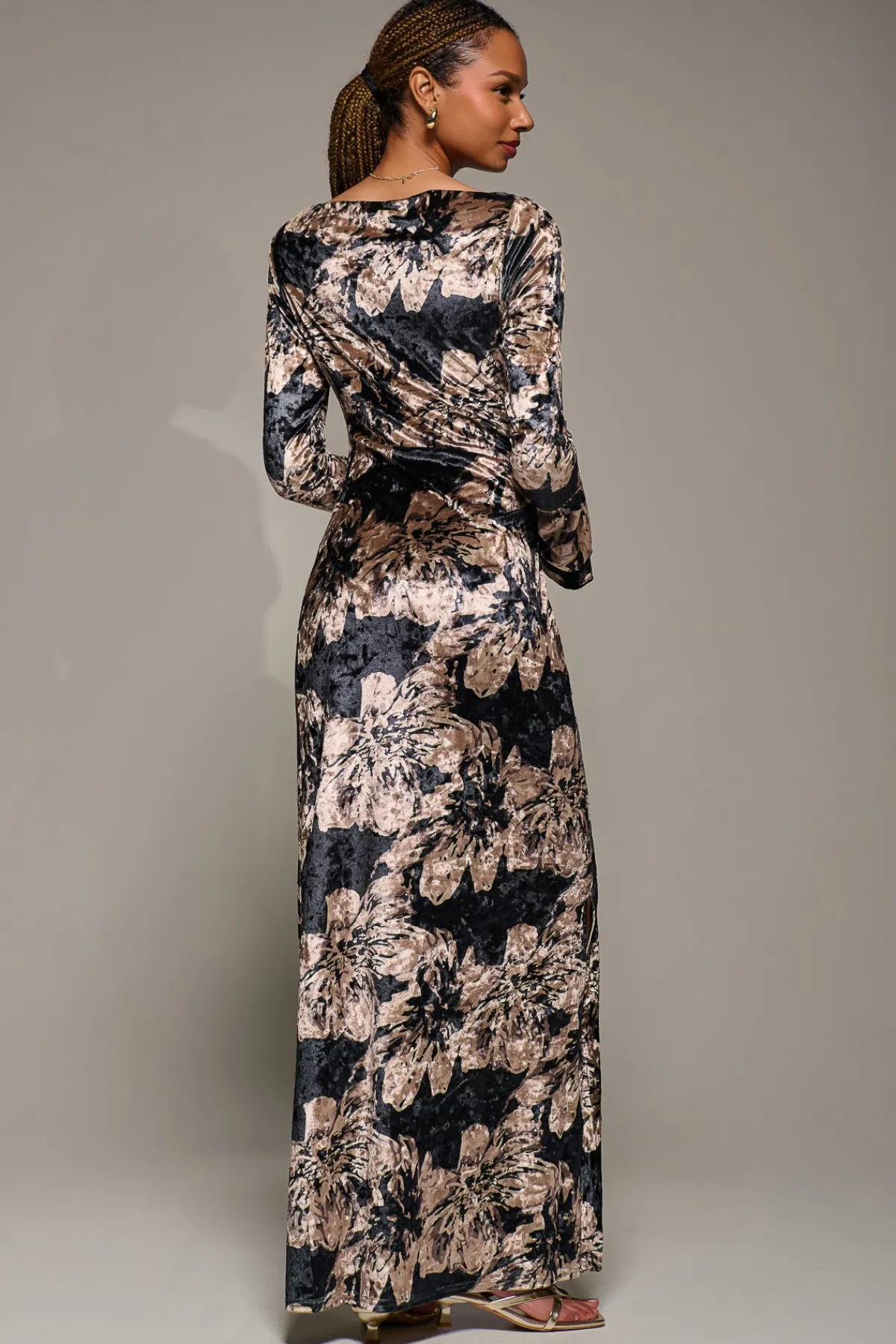Jolie Moi Occasion Dresses|Velvet Dresses-Ruffle Sleeve Asymmetric Neck Velvet Maxi, Black Abstract