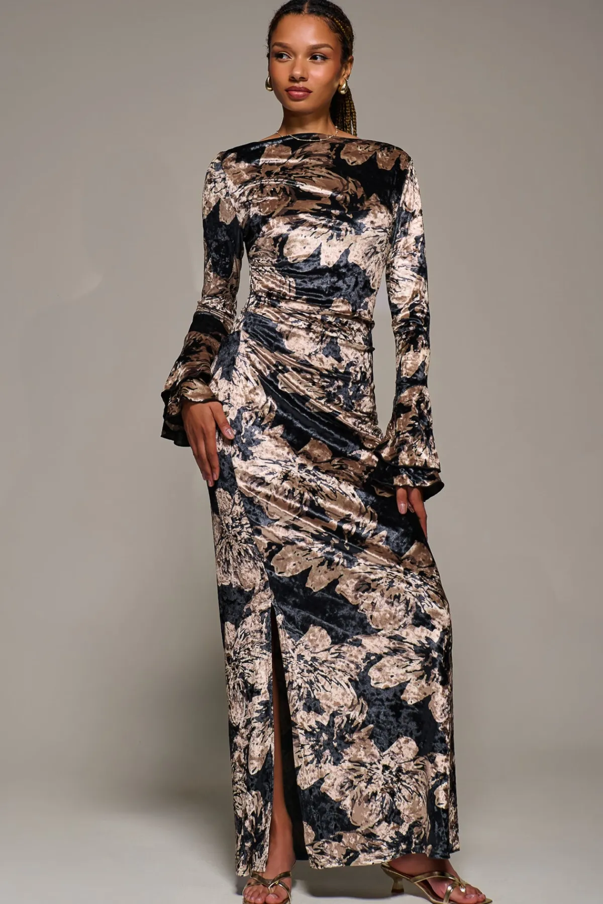 Jolie Moi Occasion Dresses|Velvet Dresses-Ruffle Sleeve Asymmetric Neck Velvet Maxi, Black Abstract