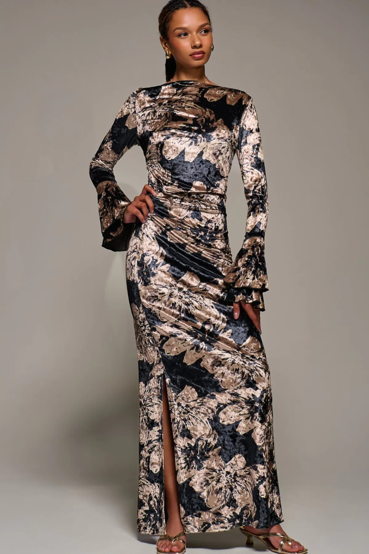 Jolie Moi Occasion Dresses|Velvet Dresses-Ruffle Sleeve Asymmetric Neck Velvet Maxi, Black Abstract