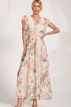 Jolie Moi Occasion Dresses|Maxi Dresses-Ruffle Sleeved Chiffon Maxi Dress, Cream Floral
