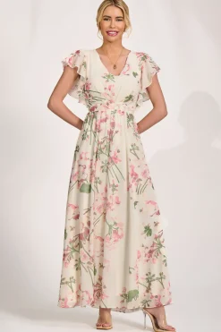 Jolie Moi Occasion Dresses|Maxi Dresses-Ruffle Sleeved Chiffon Maxi Dress, Cream Floral