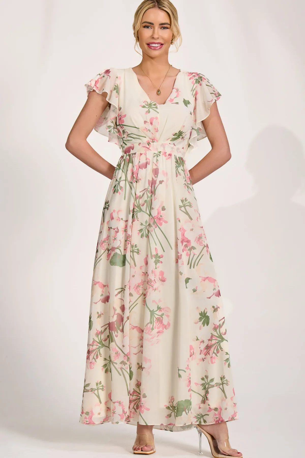 Jolie Moi Occasion Dresses|Maxi Dresses-Ruffle Sleeved Chiffon Maxi Dress, Cream Floral