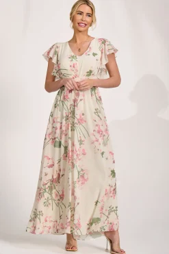Jolie Moi Occasion Dresses|Maxi Dresses-Ruffle Sleeved Chiffon Maxi Dress, Cream Floral