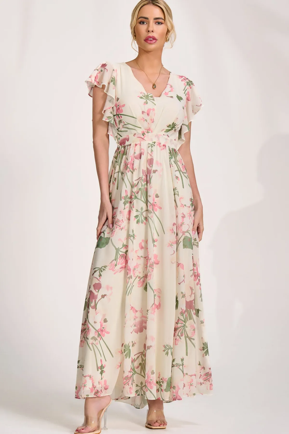 Jolie Moi Occasion Dresses|Maxi Dresses-Ruffle Sleeved Chiffon Maxi Dress, Cream Floral