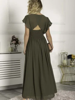 Jolie Moi Occasion Dresses|Maxi Dresses-Ruffle Sleeved Chiffon Maxi Dress, Soldier Green