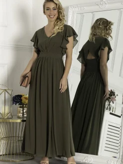 Jolie Moi Occasion Dresses|Maxi Dresses-Ruffle Sleeved Chiffon Maxi Dress, Soldier Green