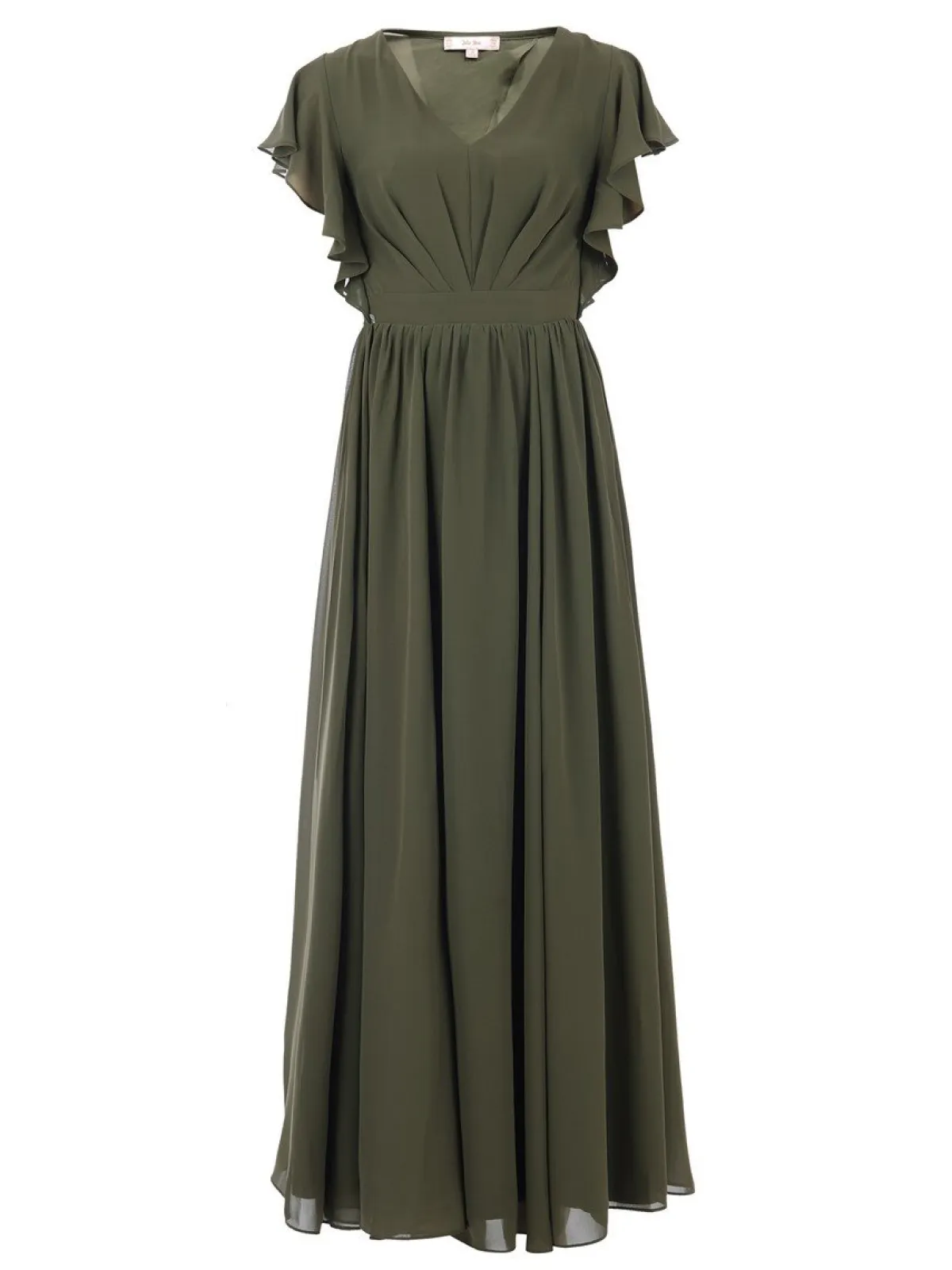 Jolie Moi Occasion Dresses|Maxi Dresses-Ruffle Sleeved Chiffon Maxi Dress, Soldier Green