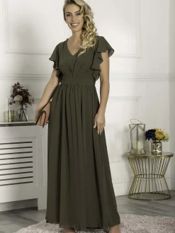 Jolie Moi Occasion Dresses|Maxi Dresses-Ruffle Sleeved Chiffon Maxi Dress, Soldier Green