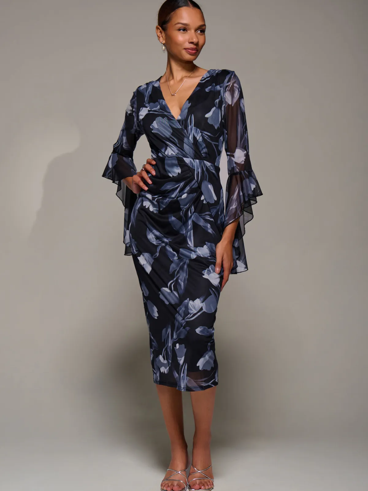 Jolie Moi Occasion Dresses|Party Dresses-Ruffle Sleeve Ruched Mesh Bodycon Dress, Black Floral