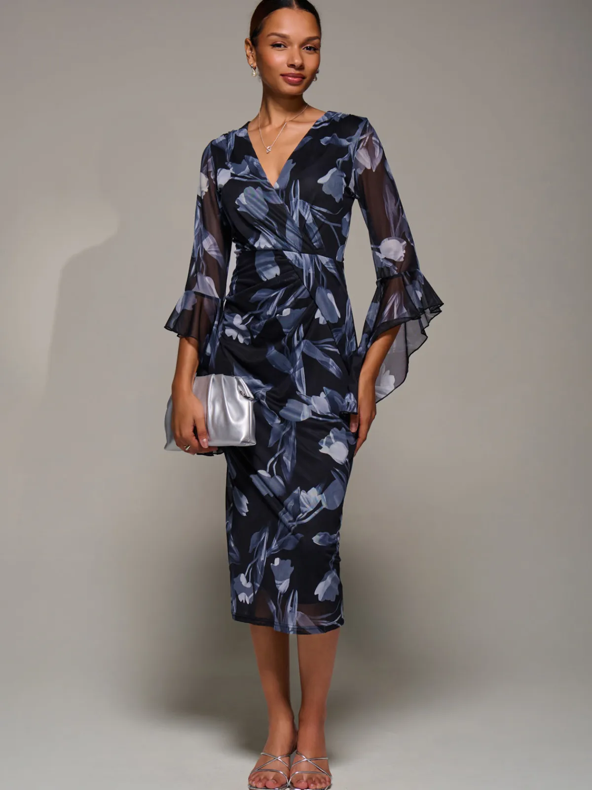 Jolie Moi Occasion Dresses|Party Dresses-Ruffle Sleeve Ruched Mesh Bodycon Dress, Black Floral