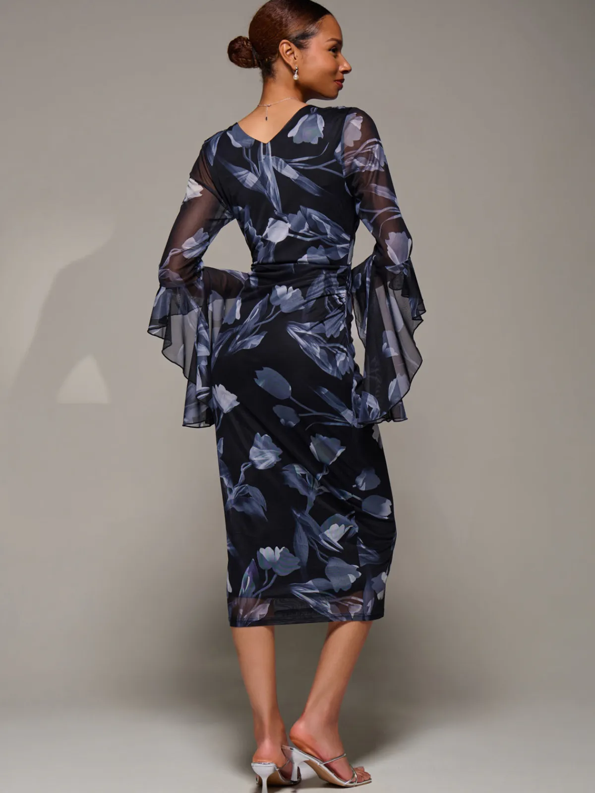 Jolie Moi Occasion Dresses|Party Dresses-Ruffle Sleeve Ruched Mesh Bodycon Dress, Black Floral