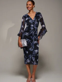 Jolie Moi Occasion Dresses|Party Dresses-Ruffle Sleeve Ruched Mesh Bodycon Dress, Black Floral
