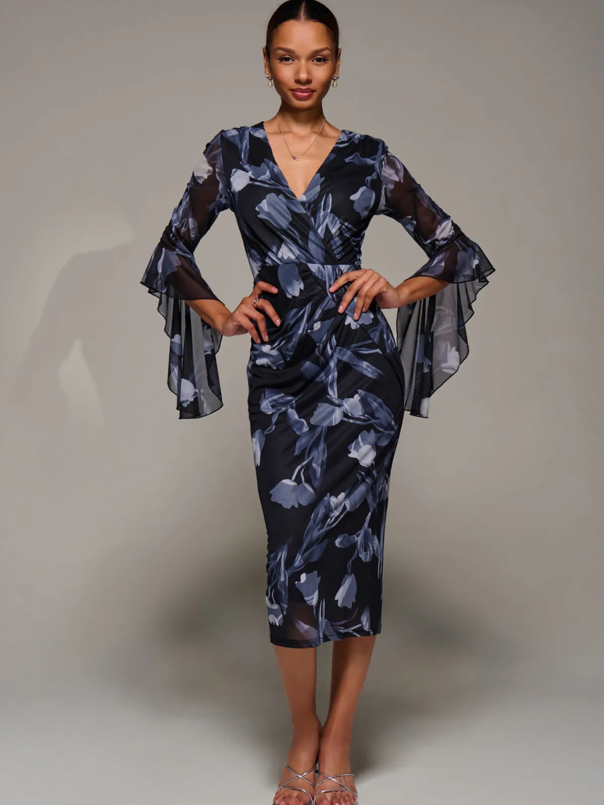 Jolie Moi Occasion Dresses|Party Dresses-Ruffle Sleeve Ruched Mesh Bodycon Dress, Black Floral