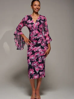 Jolie Moi Occasion Dresses|Party Dresses-Ruffle Sleeve Ruched Mesh Bodycon Dress, Pink Floral