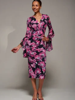 Jolie Moi Occasion Dresses|Party Dresses-Ruffle Sleeve Ruched Mesh Bodycon Dress, Pink Floral