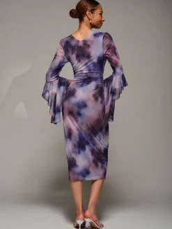 Jolie Moi Occasion Dresses|Party Dresses-Ruffle Sleeve Ruched Mesh Bodycon Dress, Purple Abstract