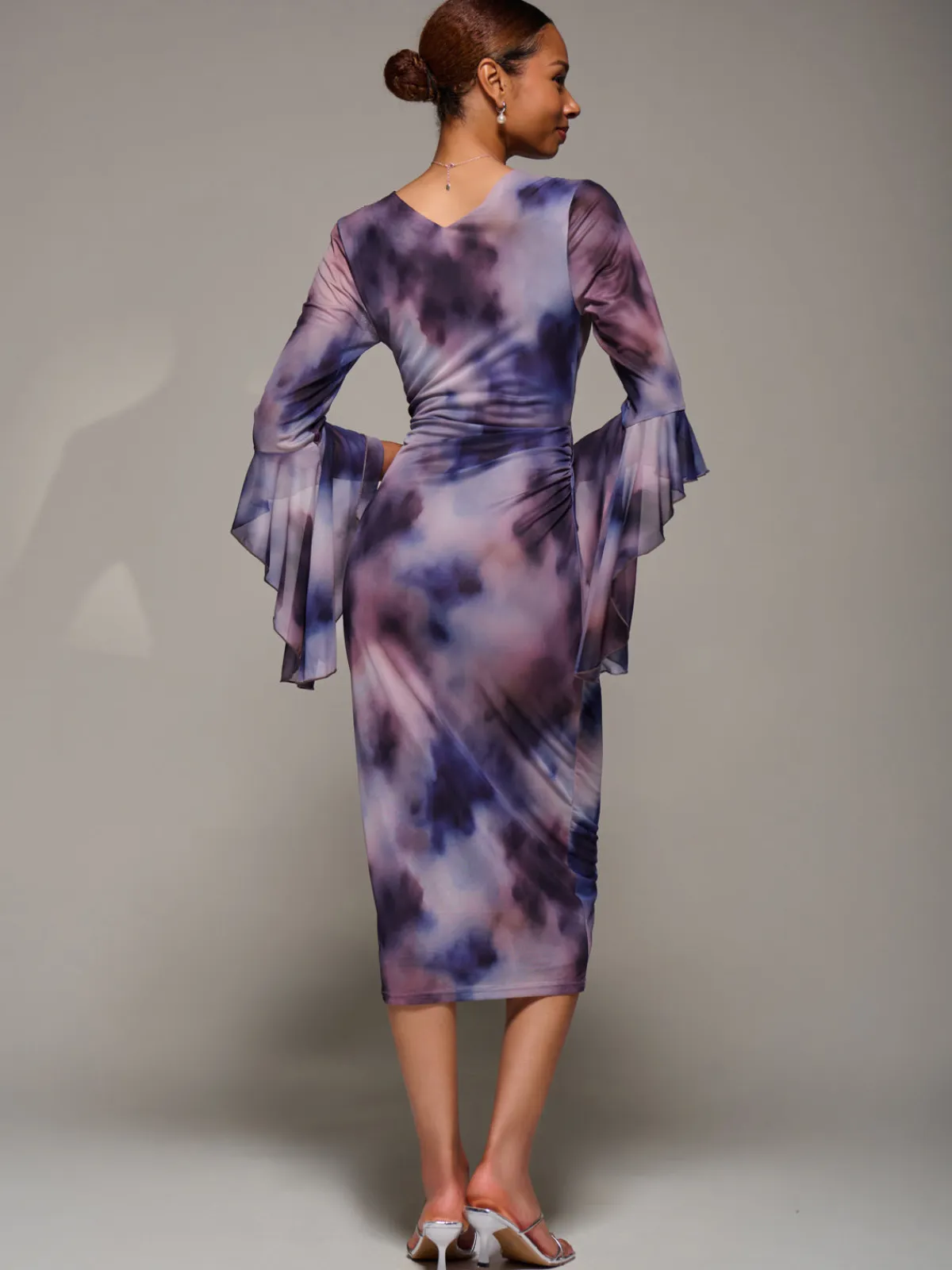 Jolie Moi Occasion Dresses|Party Dresses-Ruffle Sleeve Ruched Mesh Bodycon Dress, Purple Abstract