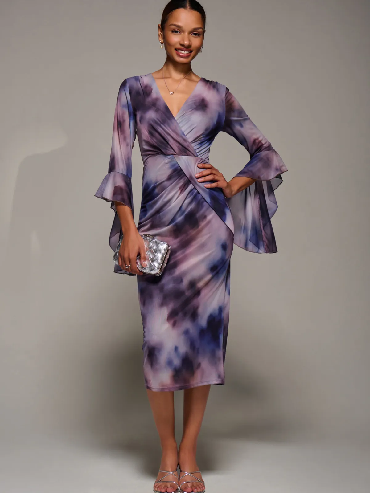 Jolie Moi Occasion Dresses|Party Dresses-Ruffle Sleeve Ruched Mesh Bodycon Dress, Purple Abstract