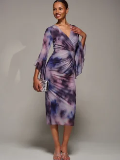 Jolie Moi Occasion Dresses|Party Dresses-Ruffle Sleeve Ruched Mesh Bodycon Dress, Purple Abstract