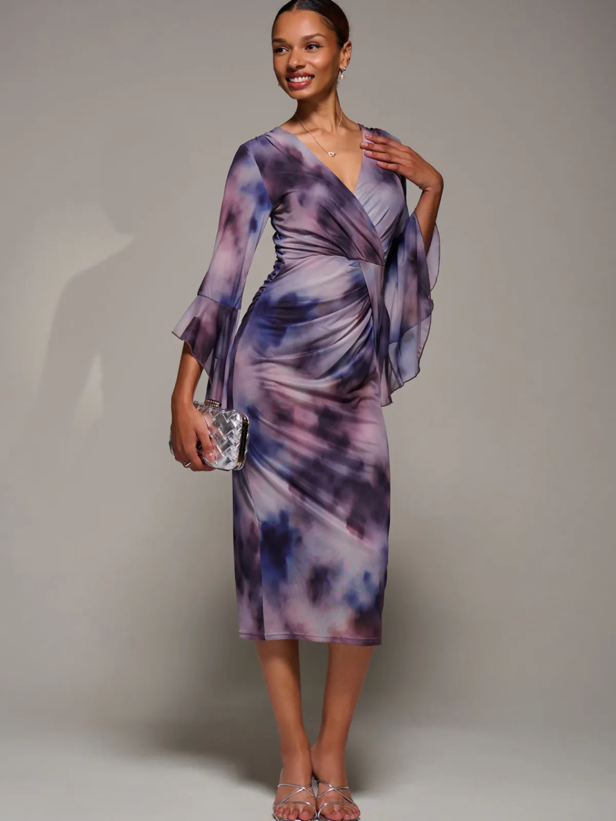 Jolie Moi Occasion Dresses|Party Dresses-Ruffle Sleeve Ruched Mesh Bodycon Dress, Purple Abstract