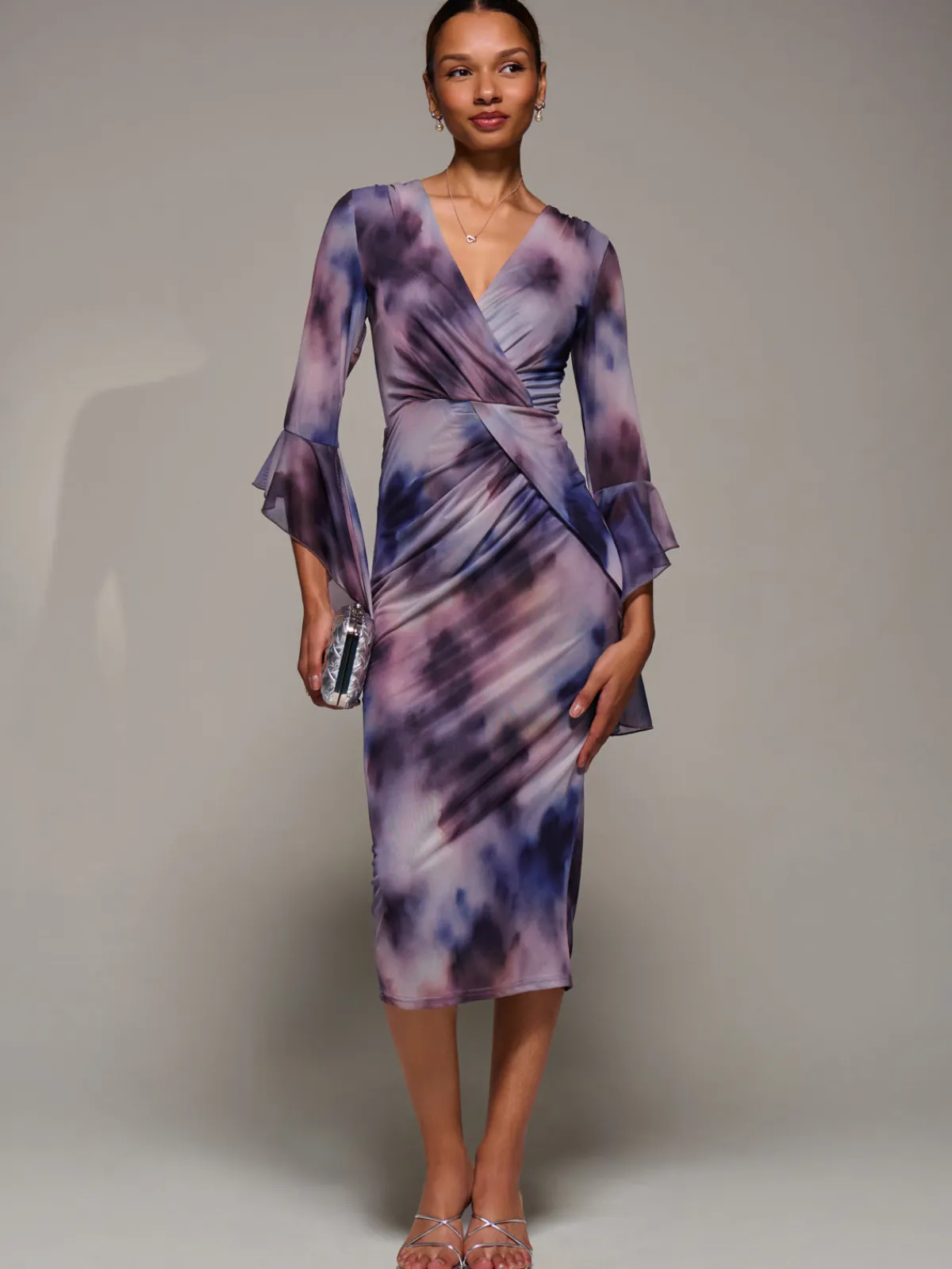 Jolie Moi Occasion Dresses|Party Dresses-Ruffle Sleeve Ruched Mesh Bodycon Dress, Purple Abstract