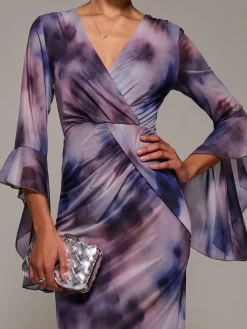 Jolie Moi Occasion Dresses|Party Dresses-Ruffle Sleeve Ruched Mesh Bodycon Dress, Purple Abstract