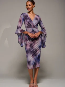 Jolie Moi Occasion Dresses|Party Dresses-Ruffle Sleeve Ruched Mesh Bodycon Dress, Purple Abstract
