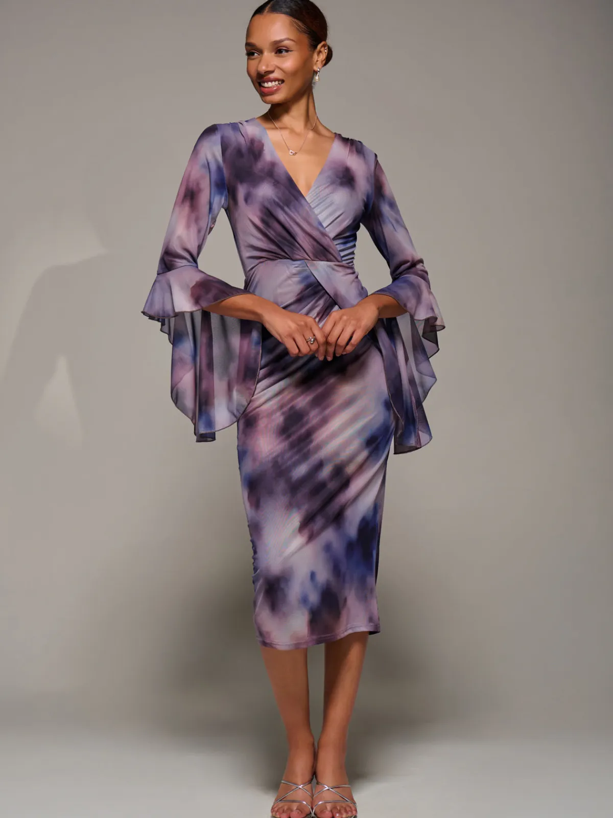 Jolie Moi Occasion Dresses|Party Dresses-Ruffle Sleeve Ruched Mesh Bodycon Dress, Purple Abstract