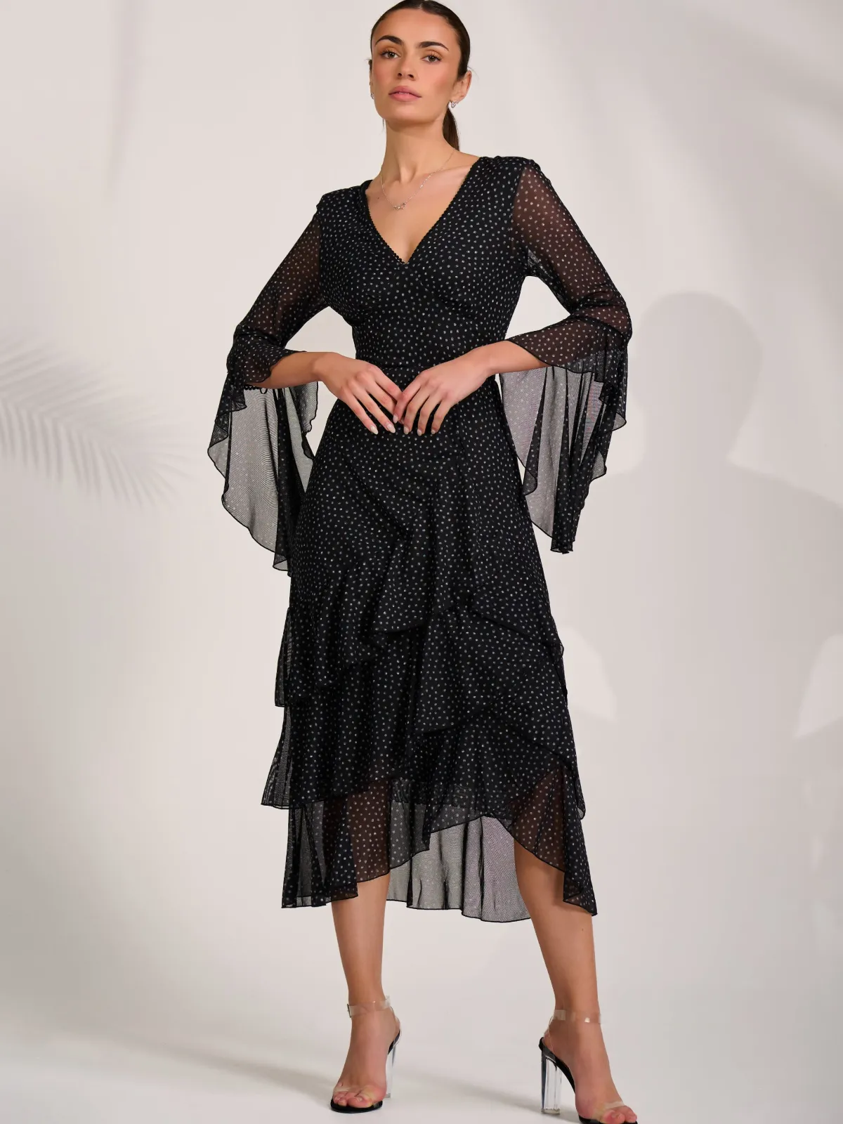 Jolie Moi Occasion Dresses|Mesh Dresses-Ruffle Sleeve Tiered Mesh Midaxi Dress, Black Spot