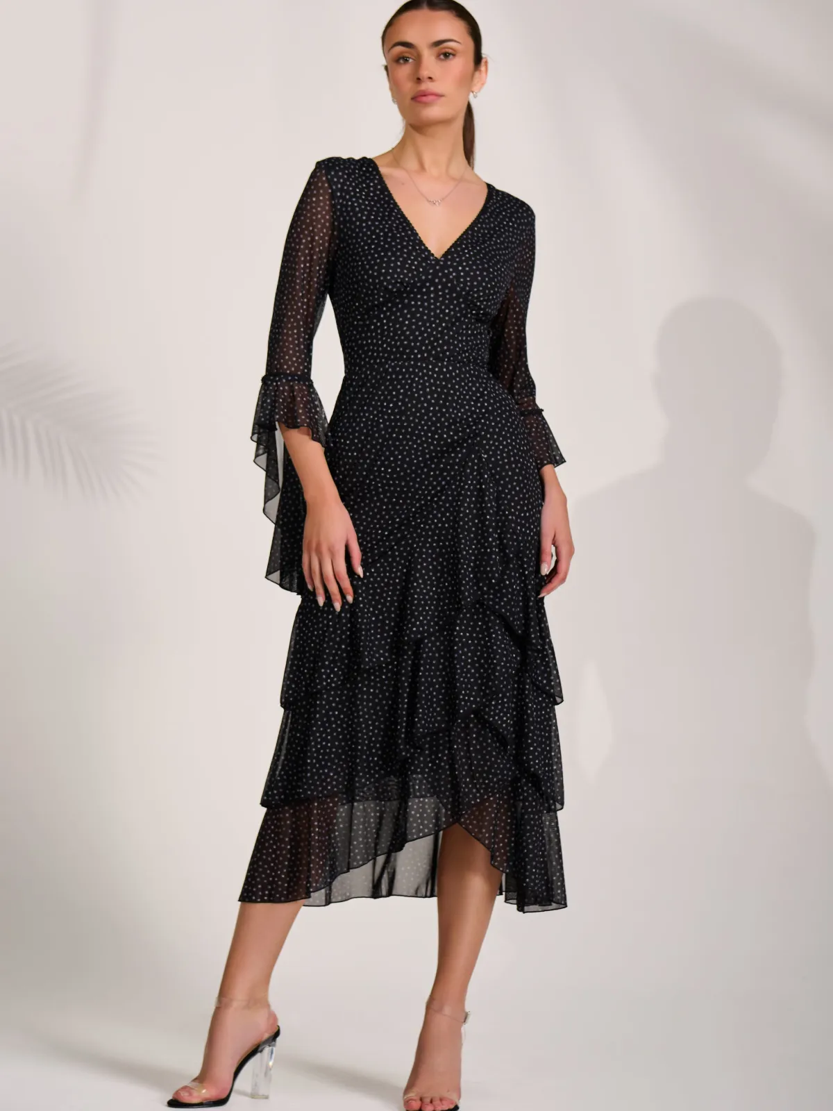 Jolie Moi Occasion Dresses|Mesh Dresses-Ruffle Sleeve Tiered Mesh Midaxi Dress, Black Spot
