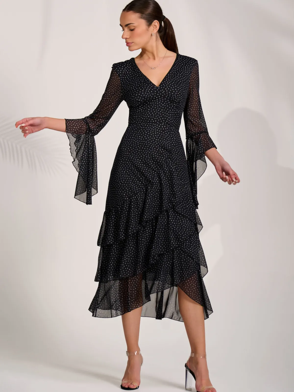 Jolie Moi Occasion Dresses|Mesh Dresses-Ruffle Sleeve Tiered Mesh Midaxi Dress, Black Spot
