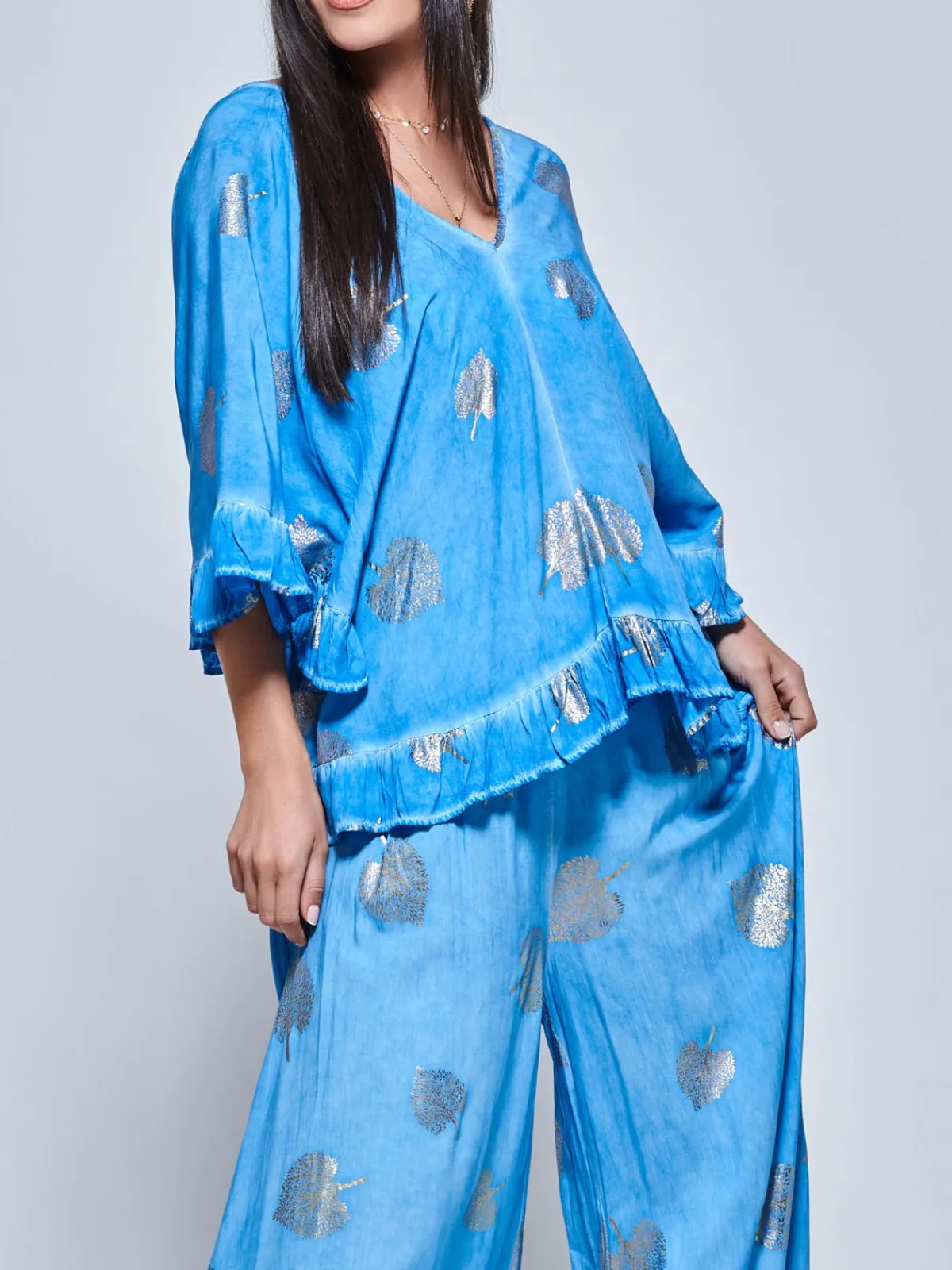 Jolie Moi Co-Ords-Ruffle Trim Kimono Sleeve Holiday Blouse, Blue Abstract