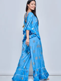 Jolie Moi Co-Ords-Ruffle Trim Kimono Sleeve Holiday Blouse, Blue Abstract