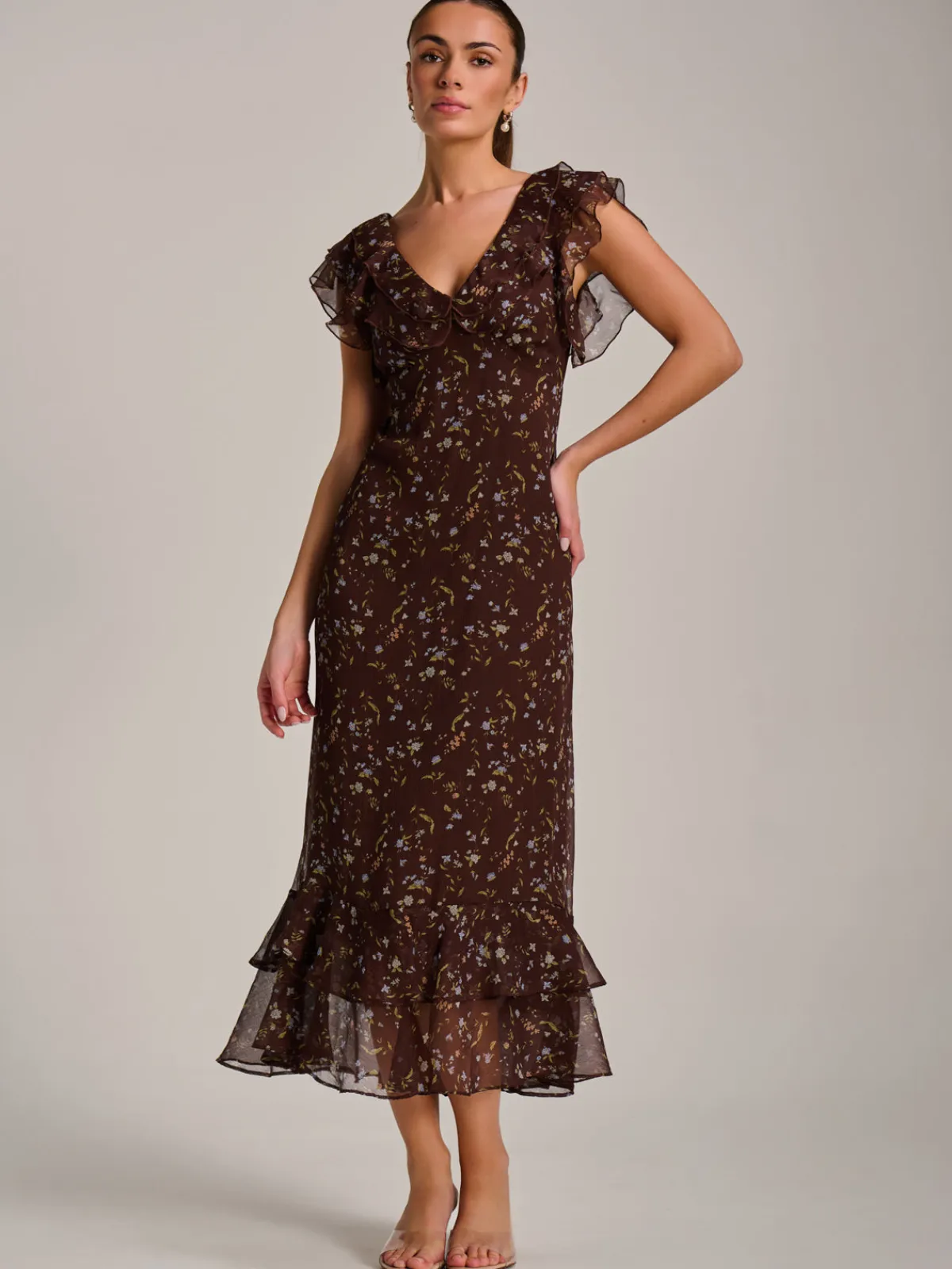 Jolie Moi Occasion Dresses|Floral Dresses-Ruffle V Neckline Chiffon Midaxi Dress, Brown Multi