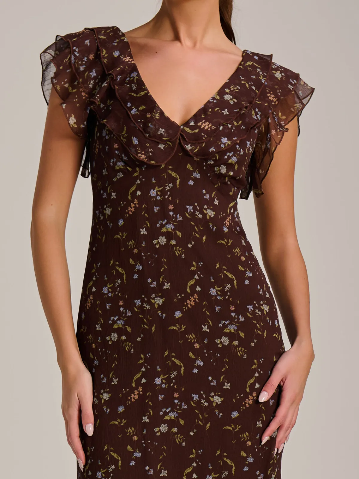 Jolie Moi Occasion Dresses|Floral Dresses-Ruffle V Neckline Chiffon Midaxi Dress, Brown Multi
