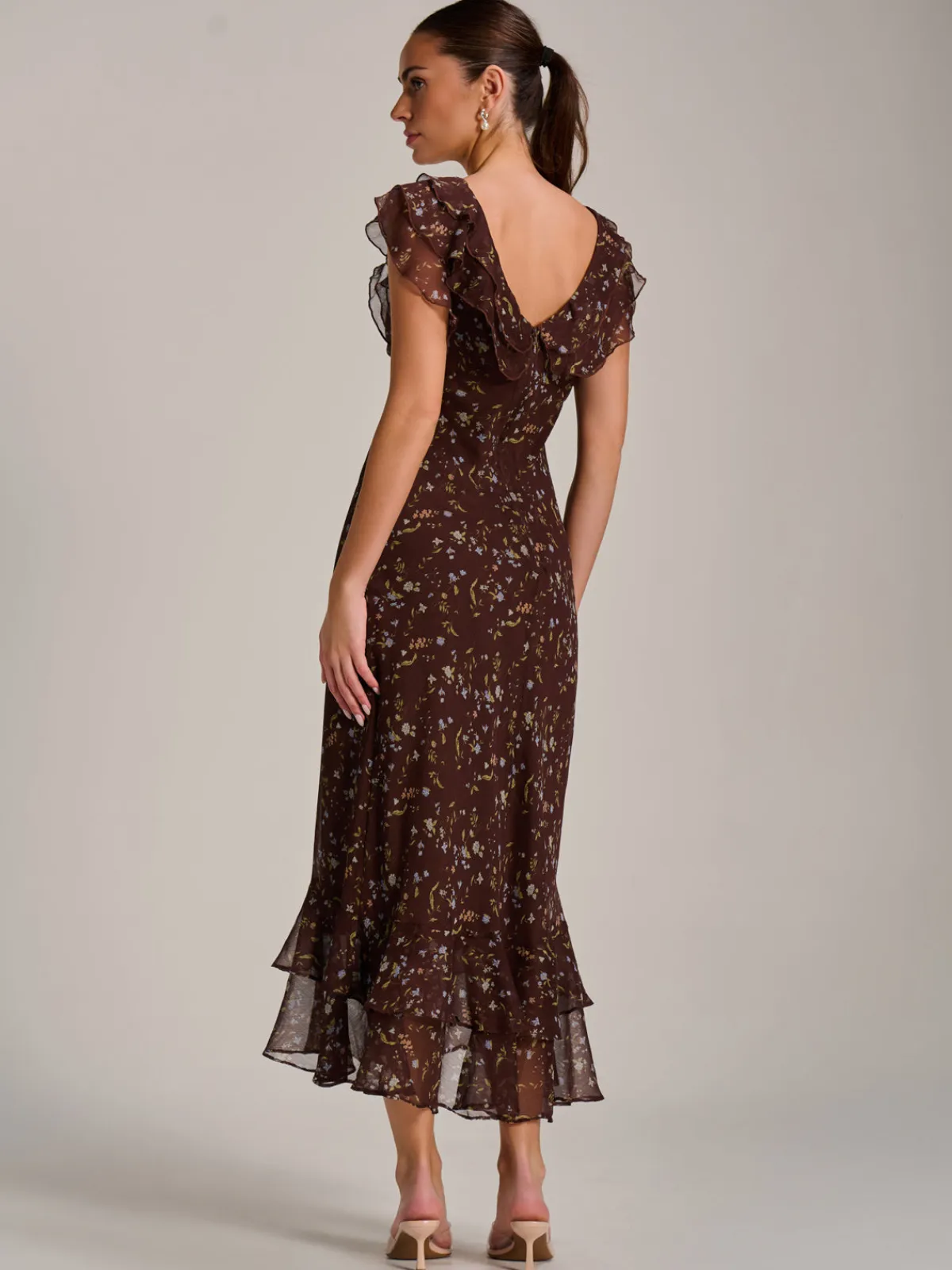 Jolie Moi Occasion Dresses|Floral Dresses-Ruffle V Neckline Chiffon Midaxi Dress, Brown Multi