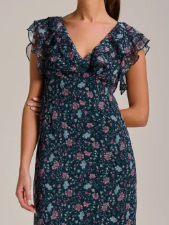 Jolie Moi Occasion Dresses|Floral Dresses-Ruffle V Neckline Chiffon Midaxi Dress, Teal Multi