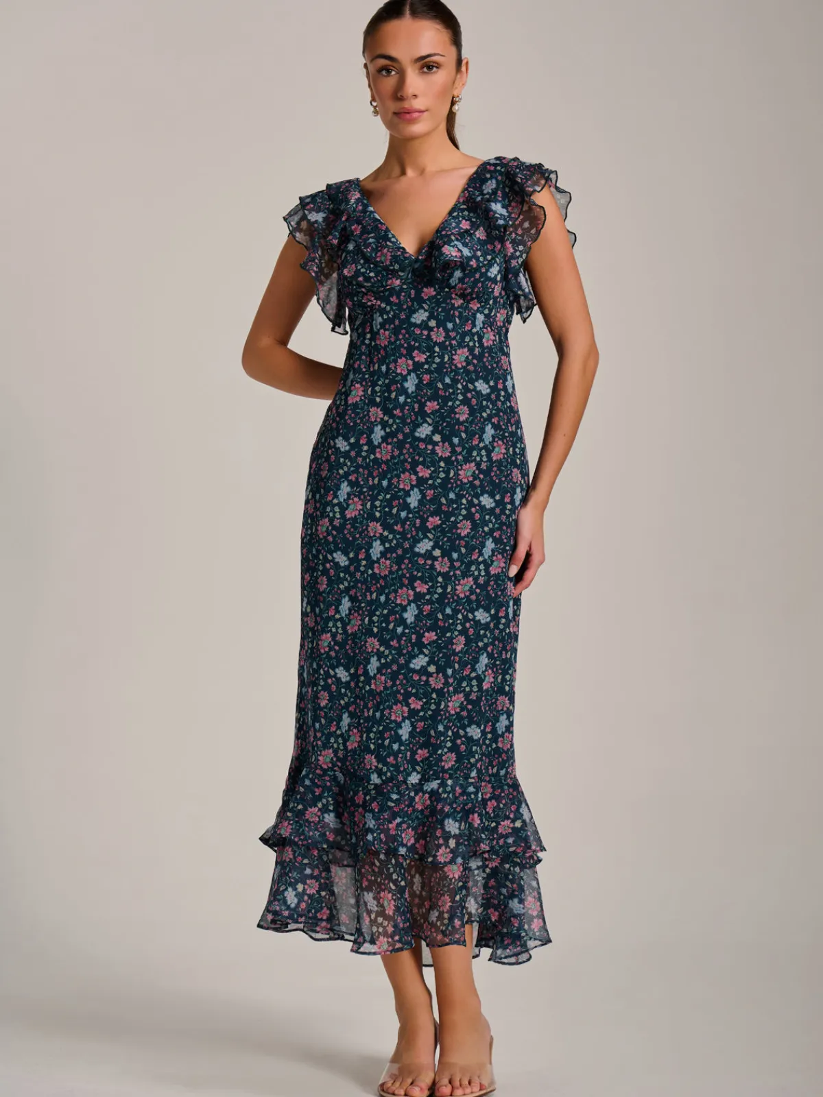 Jolie Moi Occasion Dresses|Floral Dresses-Ruffle V Neckline Chiffon Midaxi Dress, Teal Multi