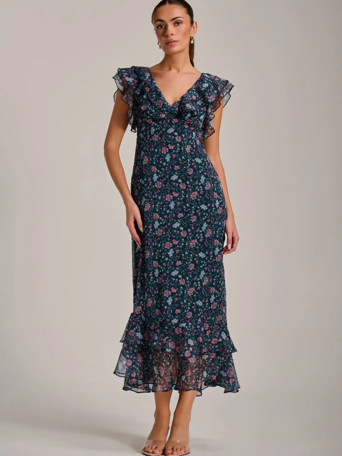 Jolie Moi Occasion Dresses|Floral Dresses-Ruffle V Neckline Chiffon Midaxi Dress, Teal Multi