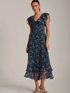 Jolie Moi Occasion Dresses|Floral Dresses-Ruffle V Neckline Chiffon Midaxi Dress, Teal Multi