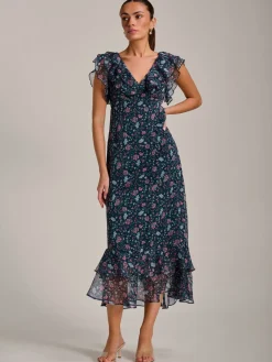 Jolie Moi Occasion Dresses|Floral Dresses-Ruffle V Neckline Chiffon Midaxi Dress, Teal Multi