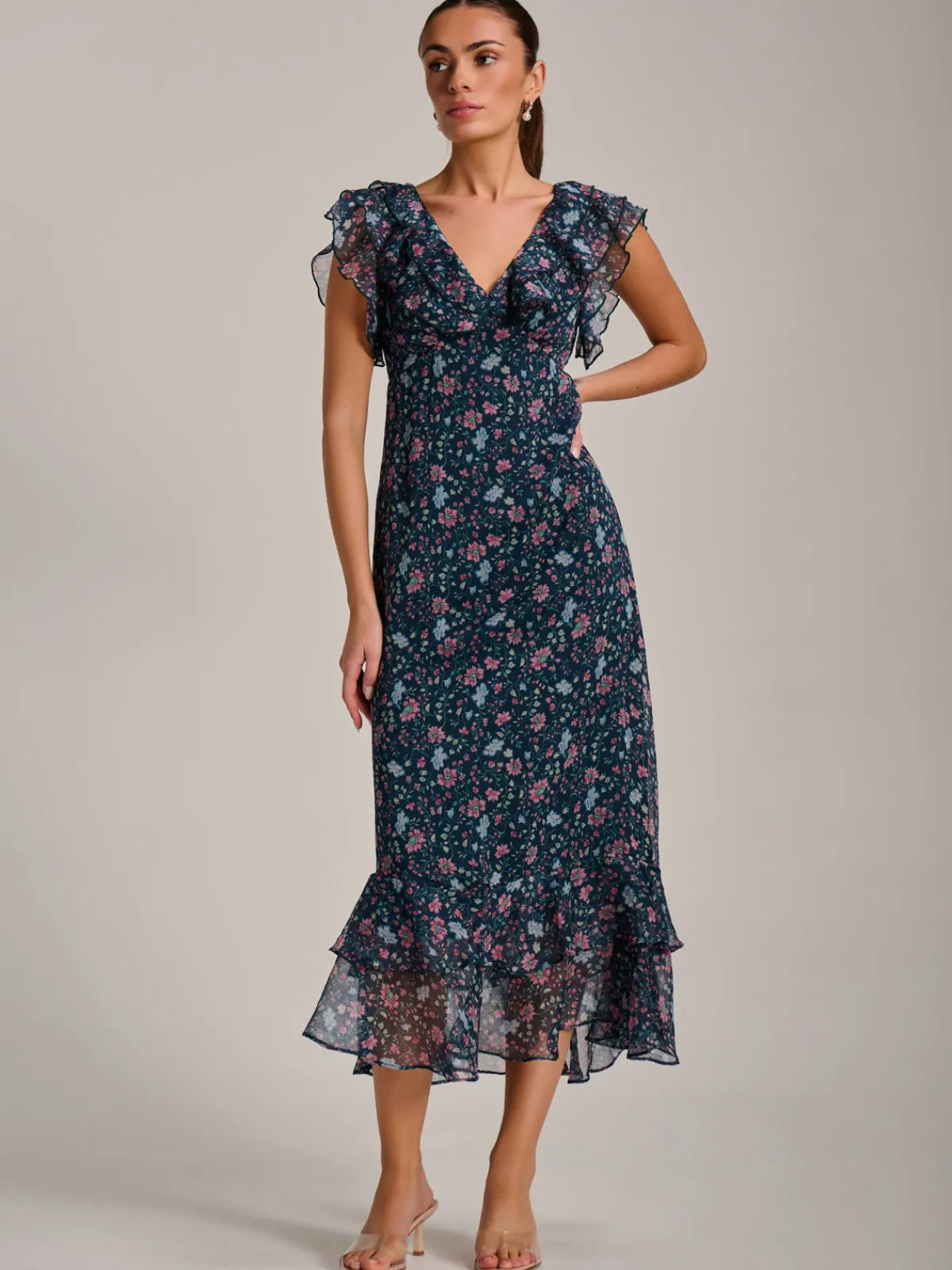 Jolie Moi Occasion Dresses|Floral Dresses-Ruffle V Neckline Chiffon Midaxi Dress, Teal Multi