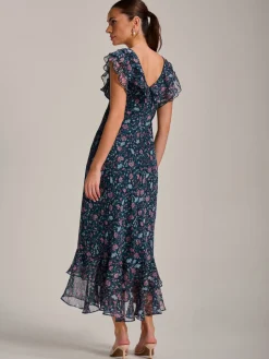 Jolie Moi Occasion Dresses|Floral Dresses-Ruffle V Neckline Chiffon Midaxi Dress, Teal Multi