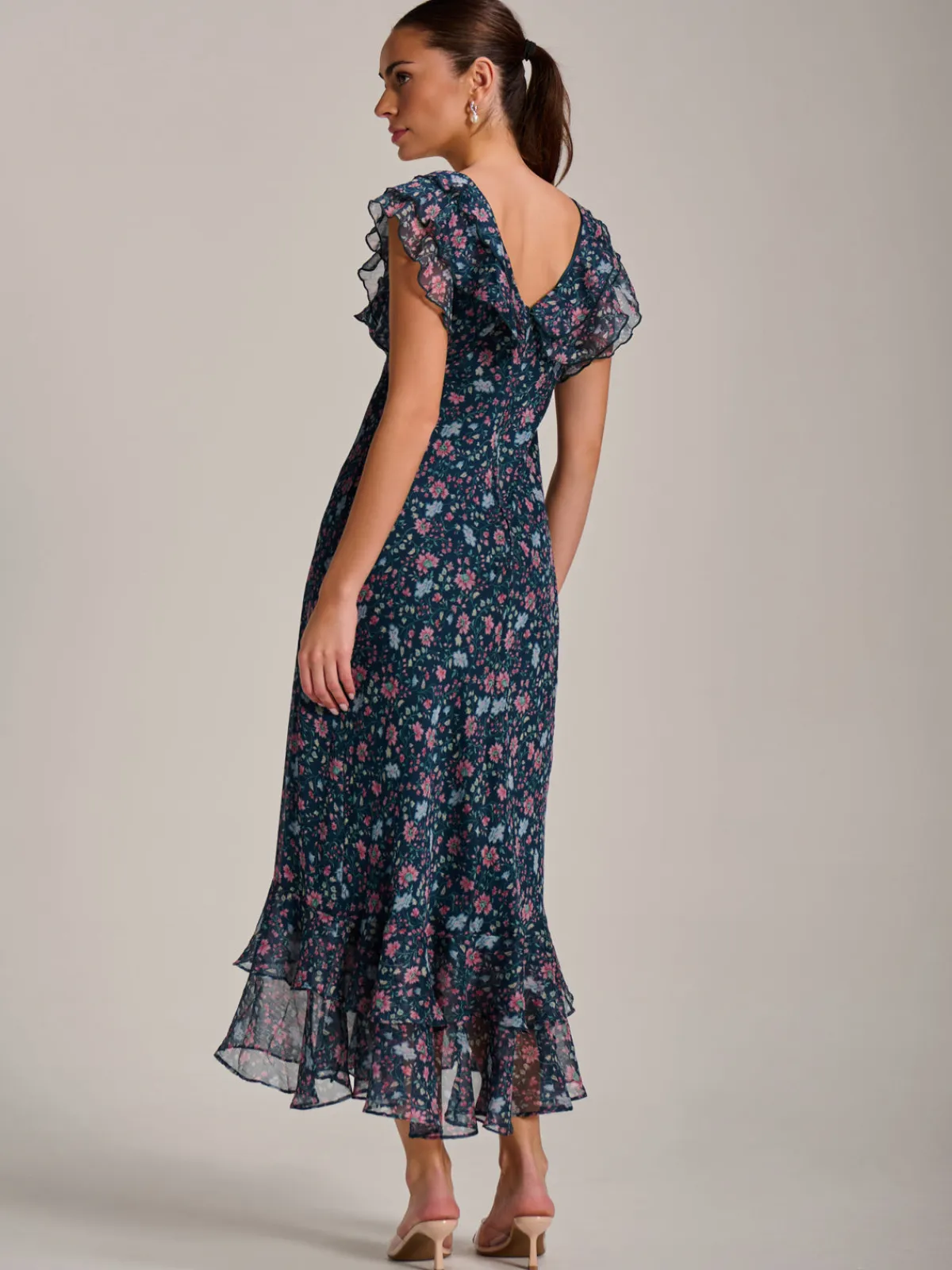 Jolie Moi Occasion Dresses|Floral Dresses-Ruffle V Neckline Chiffon Midaxi Dress, Teal Multi