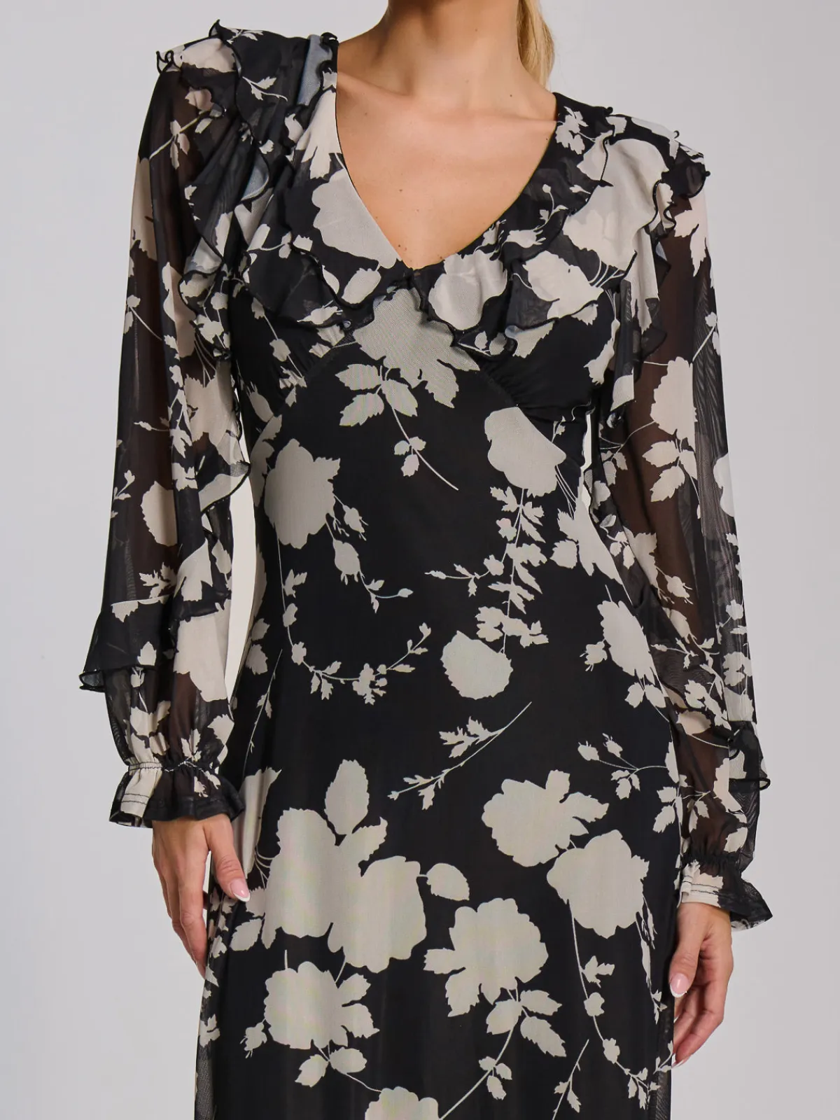 Jolie Moi Occasion Dresses|Floral Dresses-Ruffle V Neck Long Sleeve Mesh Midaxi Dress, Black Floral