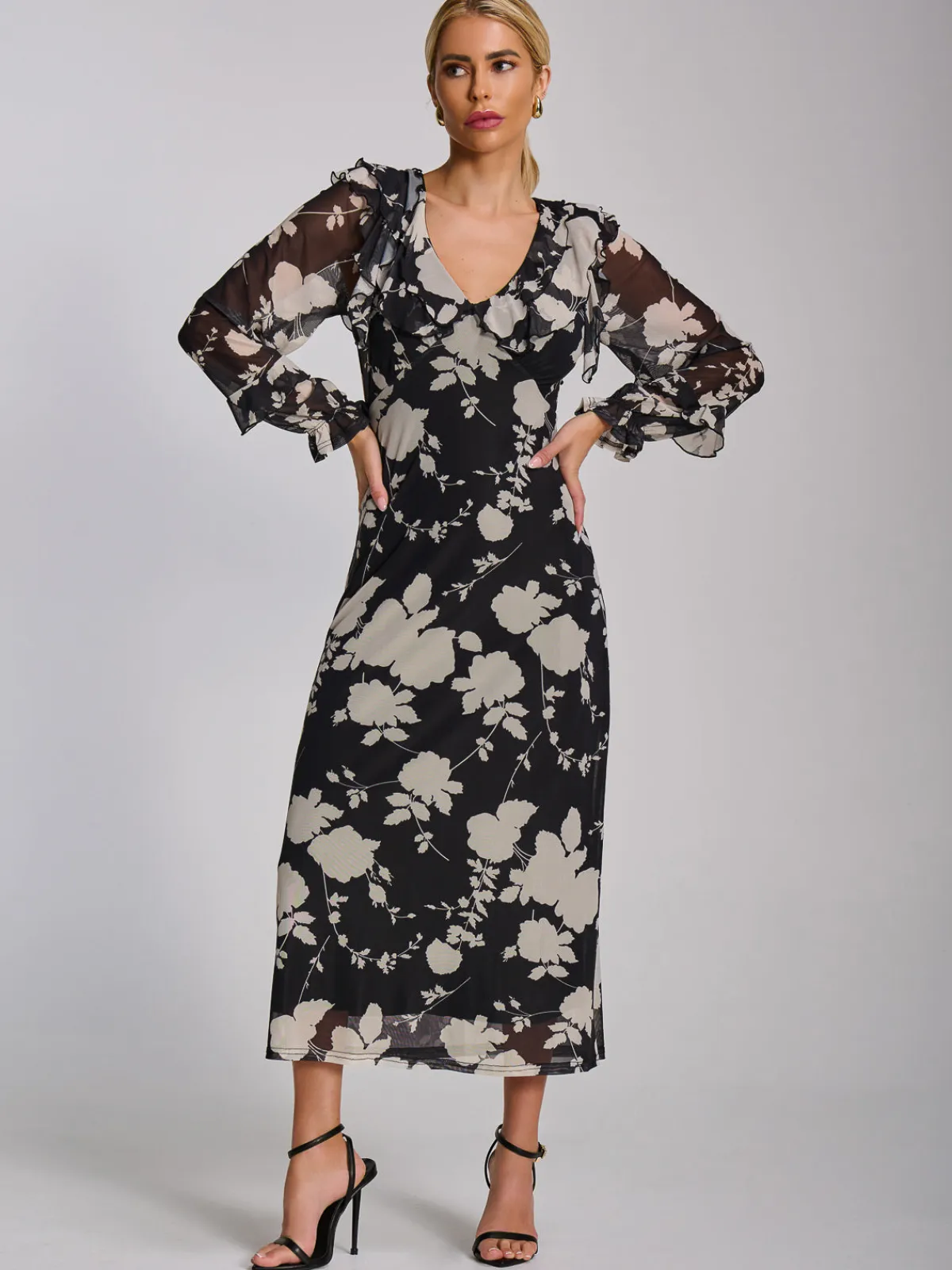 Jolie Moi Occasion Dresses|Floral Dresses-Ruffle V Neck Long Sleeve Mesh Midaxi Dress, Black Floral