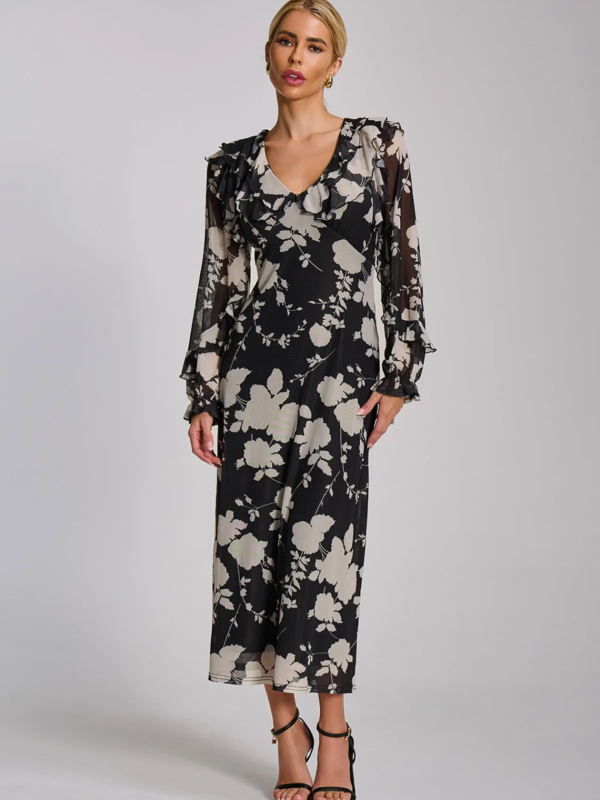 Jolie Moi Occasion Dresses|Floral Dresses-Ruffle V Neck Long Sleeve Mesh Midaxi Dress, Black Floral