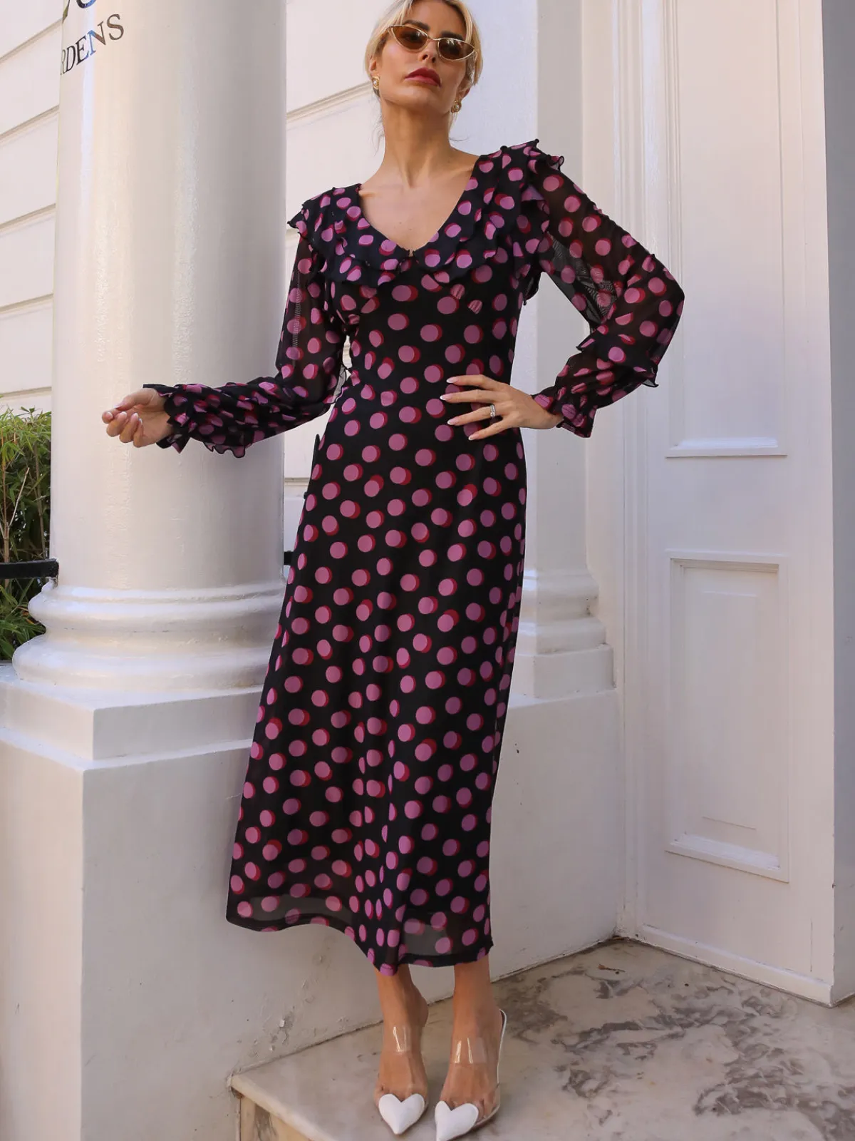 Jolie Moi Occasion Dresses|Mesh Dresses-Ruffle V Neck Long Sleeve Mesh Midaxi Dress, Fuchsia Polka Dot