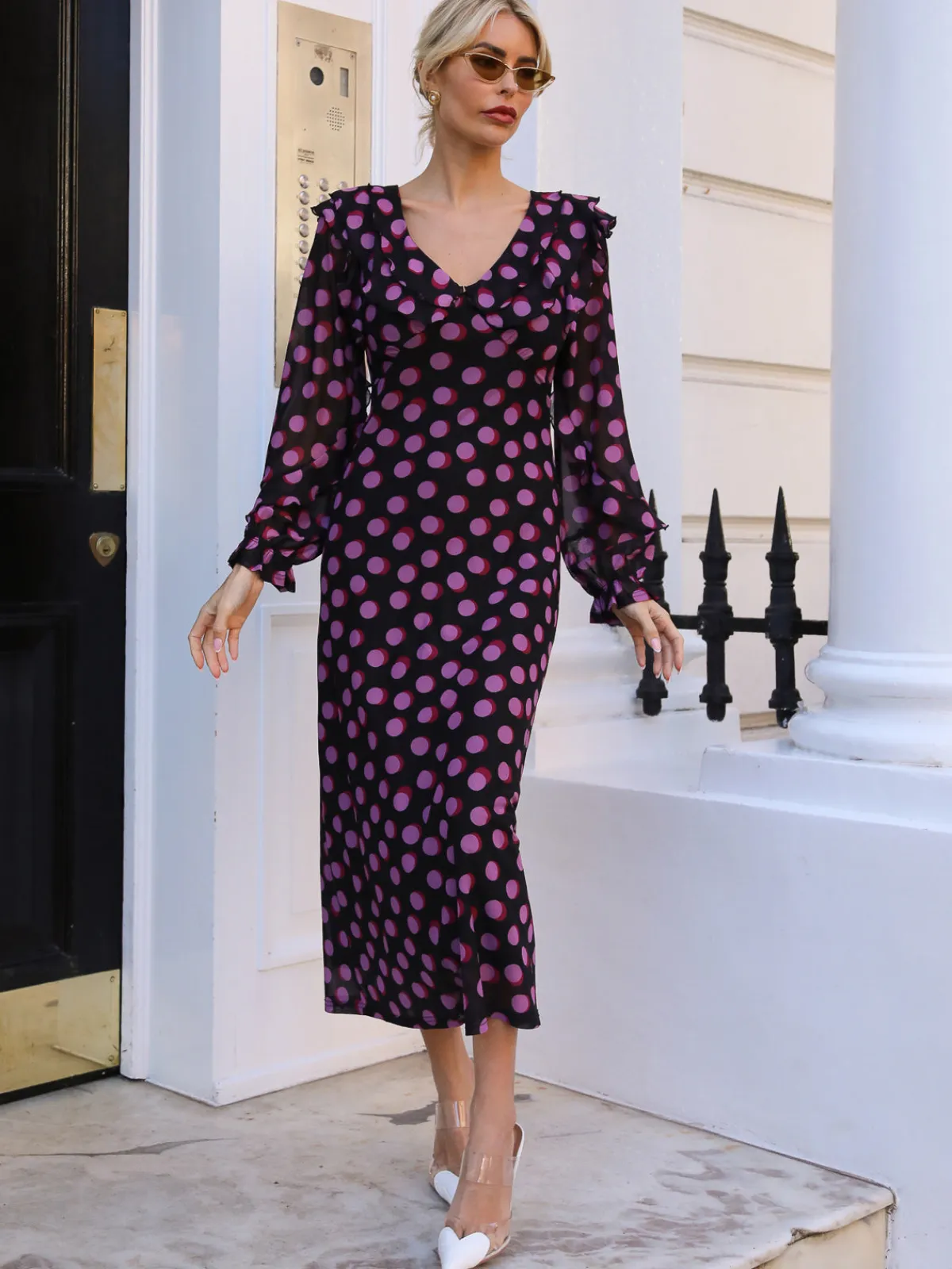 Jolie Moi Occasion Dresses|Mesh Dresses-Ruffle V Neck Long Sleeve Mesh Midaxi Dress, Fuchsia Polka Dot